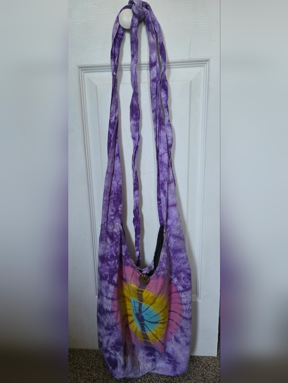 Purple Tie-Dye Shoulder Bag with Colorful Sunburst Accent